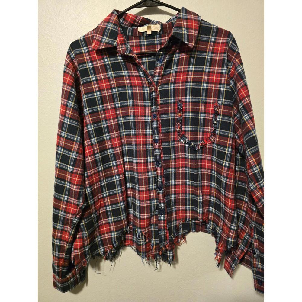 Gilded Intent Red Distressed Plaid Crop Buttondown Longsleeve (L)